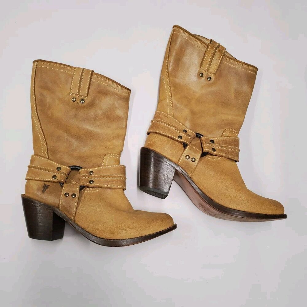 Frye Carmen Harness Boot Womens 8 Tan Beige Leather Western Festival Cowgirl